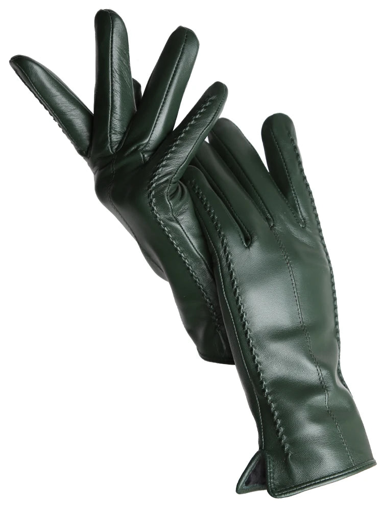 Women's Leather winter warm gloves with velvet thin touch screen