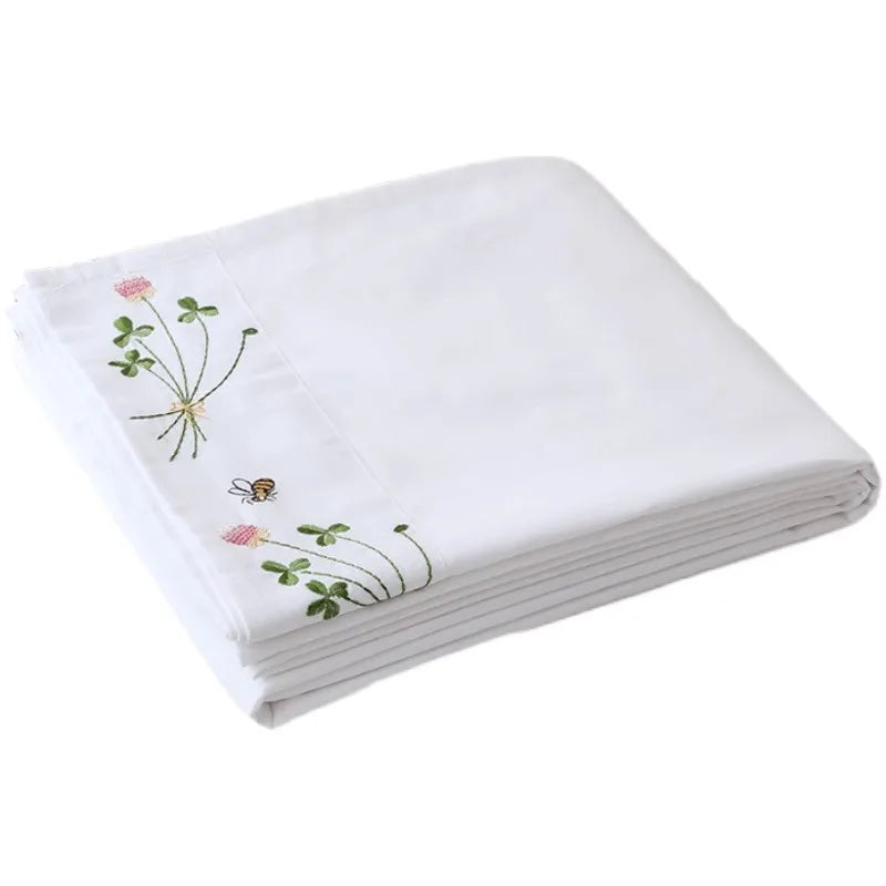 Pure White Embroidery Floral Flat Sheets 100% Cotton