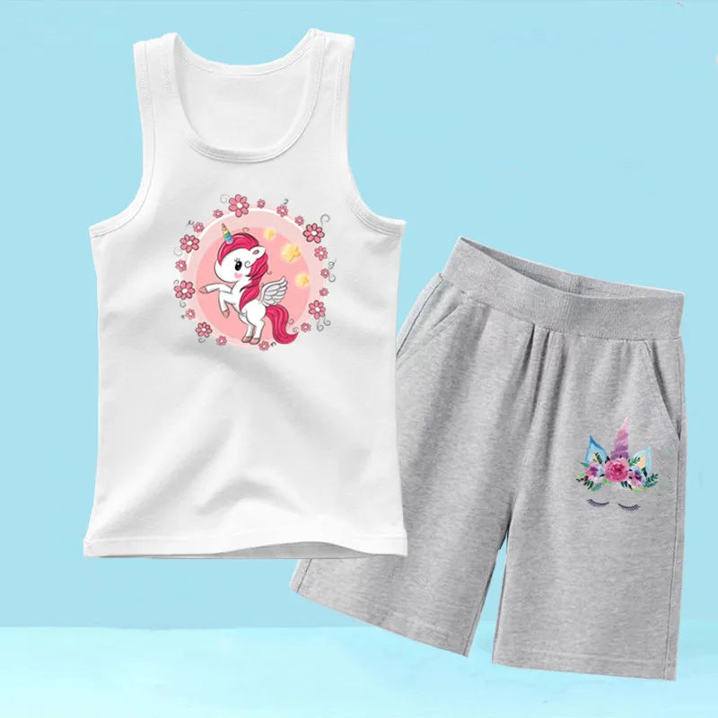 Summer Girls 2PCS Vest Set Perfume Bottle Print Sleeveless Top and Shorts