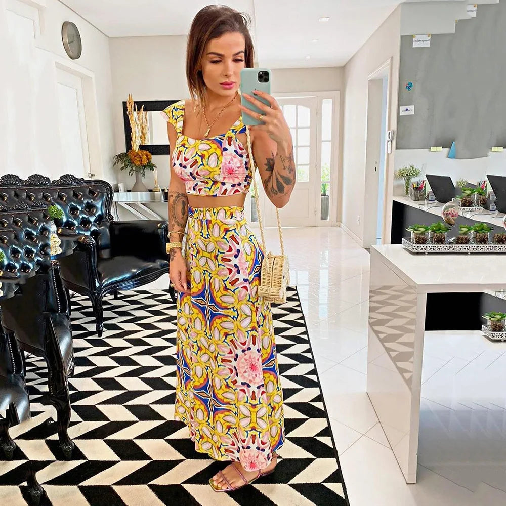 Bohemian Summer Style Two Piece Print A-Line Skirt & Camisole
