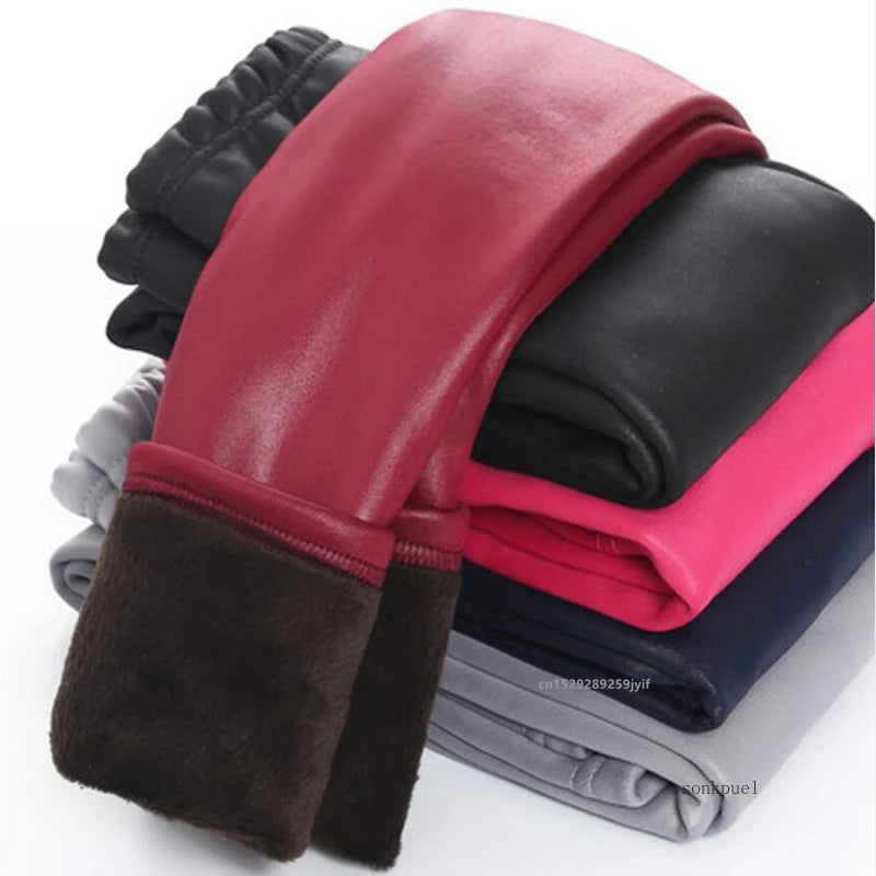 Girls Warm Trousers Faux PU Leather Legging Slim Pants