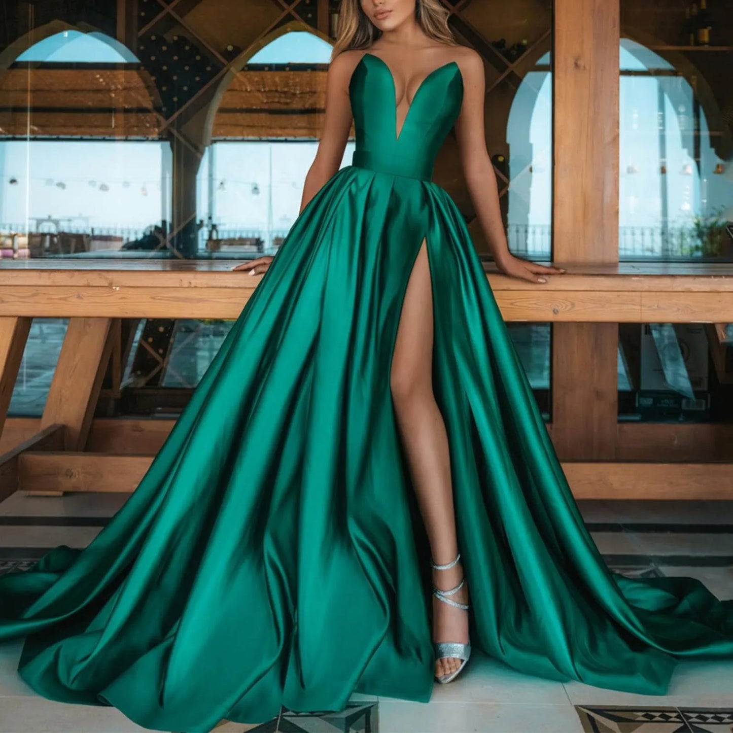 Elegant One Shoulder Sequin Sexy Dress A-Line Dress Solid Color High Split
