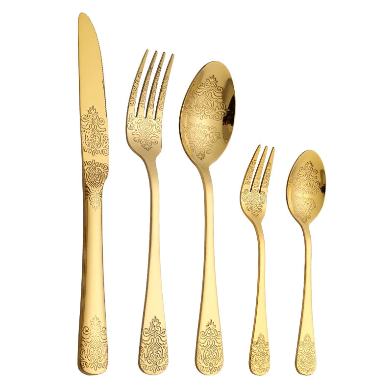 5Pcs Cutlery Set Stainless Steel Tableware Carving Golden Dinnerware