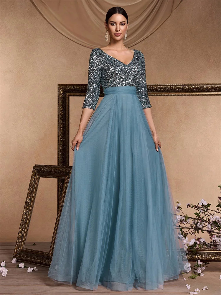 Luxury Floor Length V-Neck Evening Dress Party Maxi Dress Sequin Short Sleeves Prom Cocktail Gown
