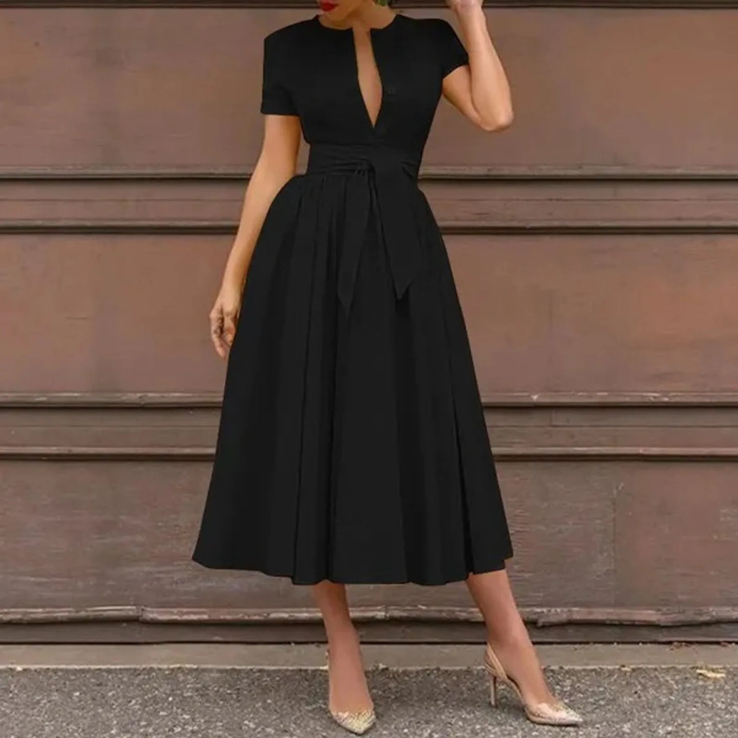 Women Elegant Formal Party Evening Dress Short Sleeve Sashes Mid-Calf Dress