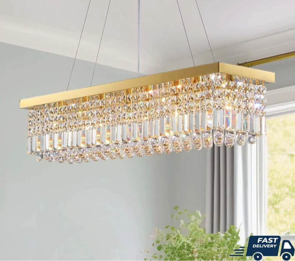 Modern Rectangular Gold Crystal Chandelier Pendant Light Fixture Dining Kitchen Island E12 Bulb 8-Light Adjustable Chain
