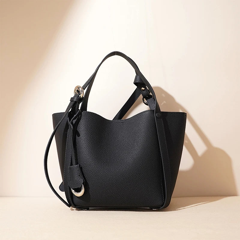 Luxury Genuine Leather Crossbody Shoulder Bag, Cowhide Bag Large Capacity Bucket Handbag