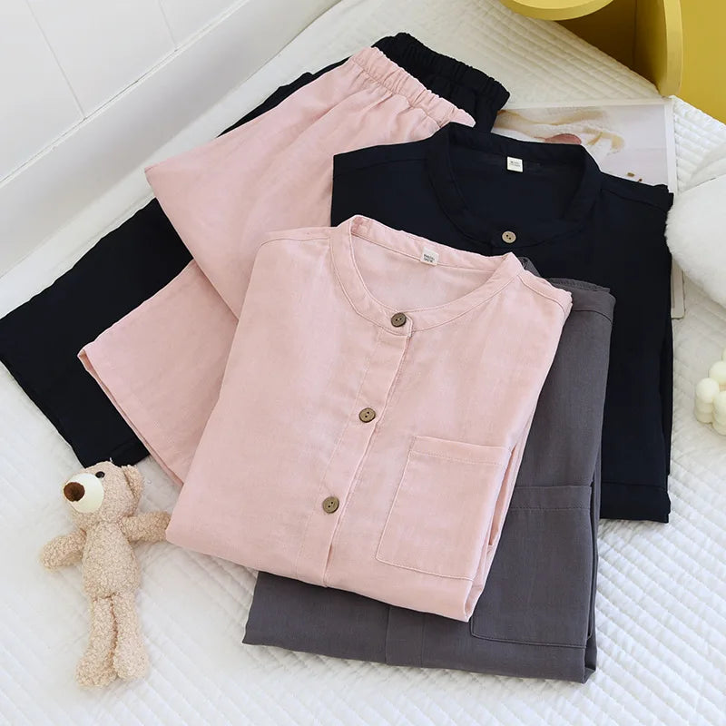 Spring/Summer Women Men Pajama Set 100% Cotton Long Sleeve Long & Pants Two Piece