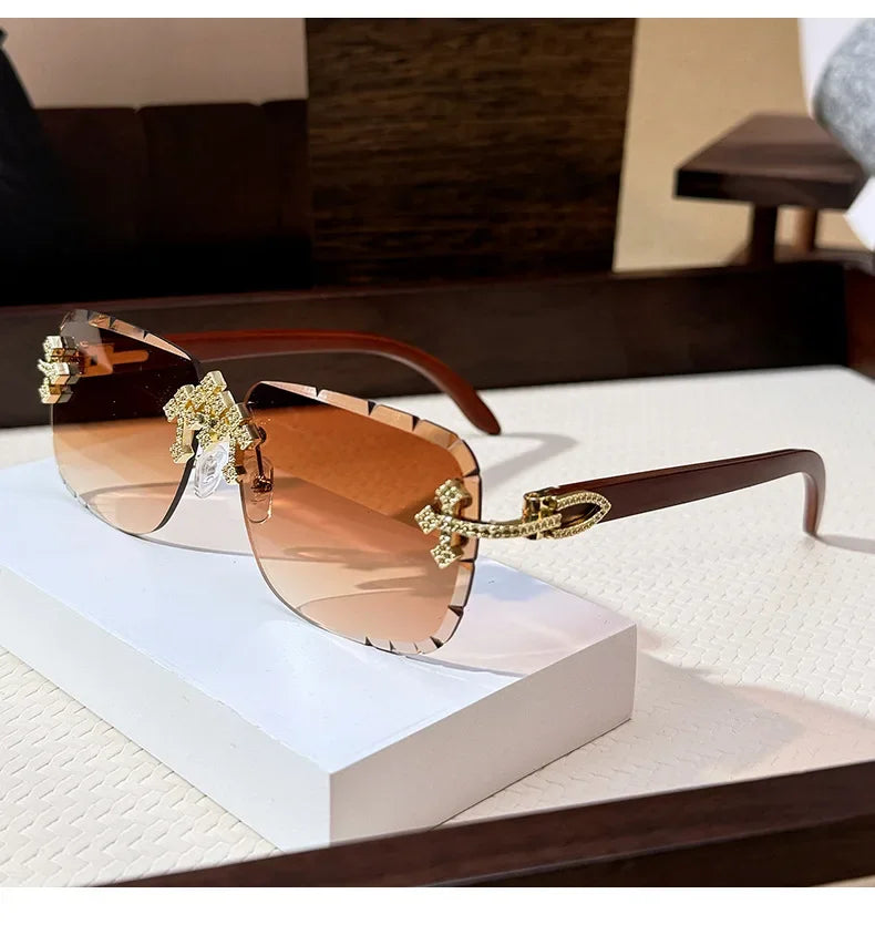 Vintage Rimless Square Cutting Lens Women Men Luxury Brand Designer Sunglasses Popular Punk Diamond Cross Sun Glasses UV400