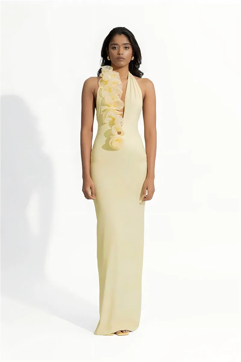 Mesh Rose Deep V Neck Sexy Maxi Dress For Women