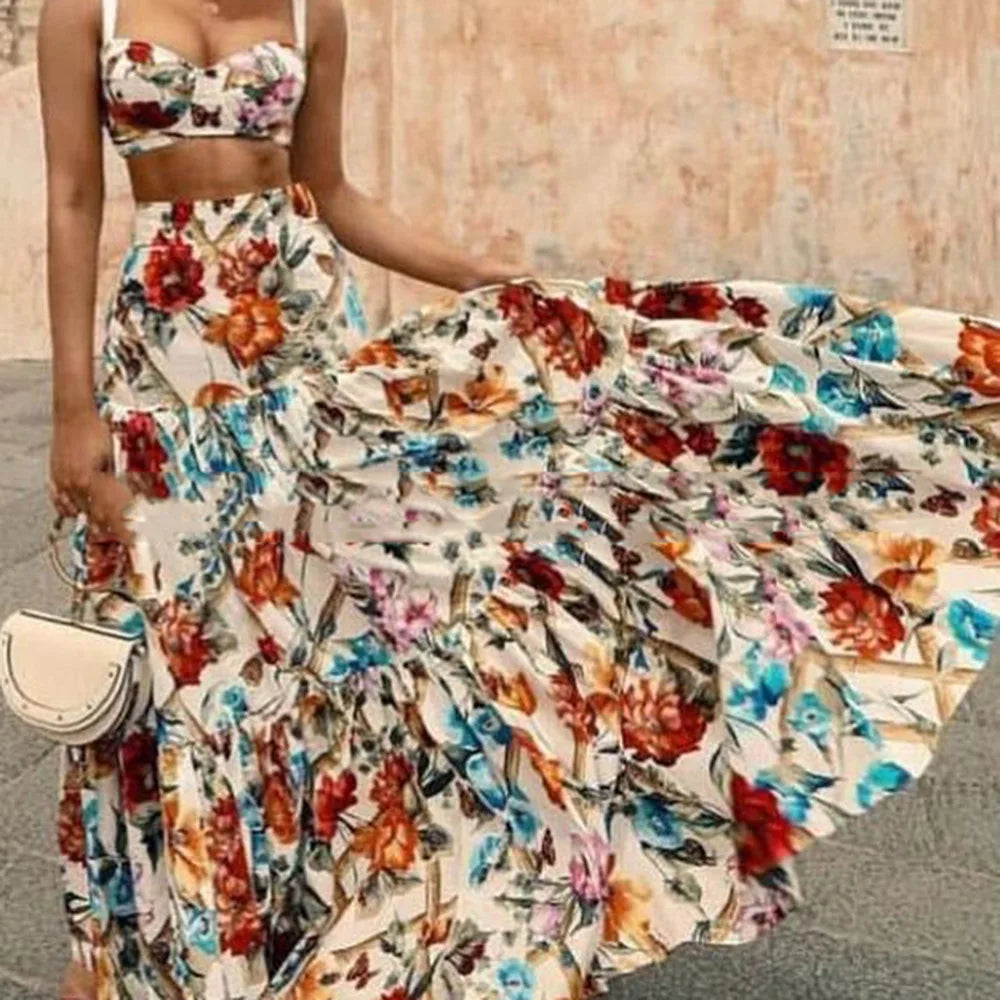 Bohemian Summer Style Two Piece Print A-Line Skirt & Camisole
