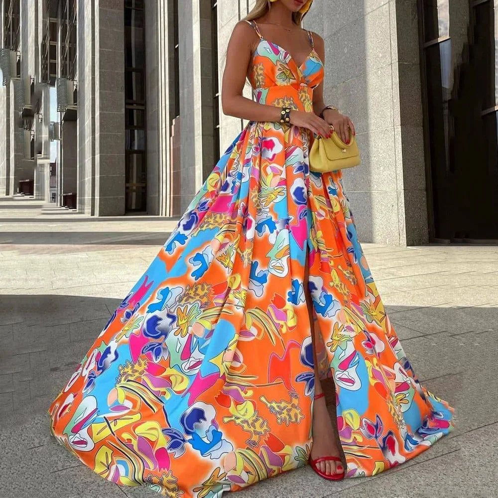 Summer Women's Chiffon Bohemian Printing Dress Vacation Style Sleeveless