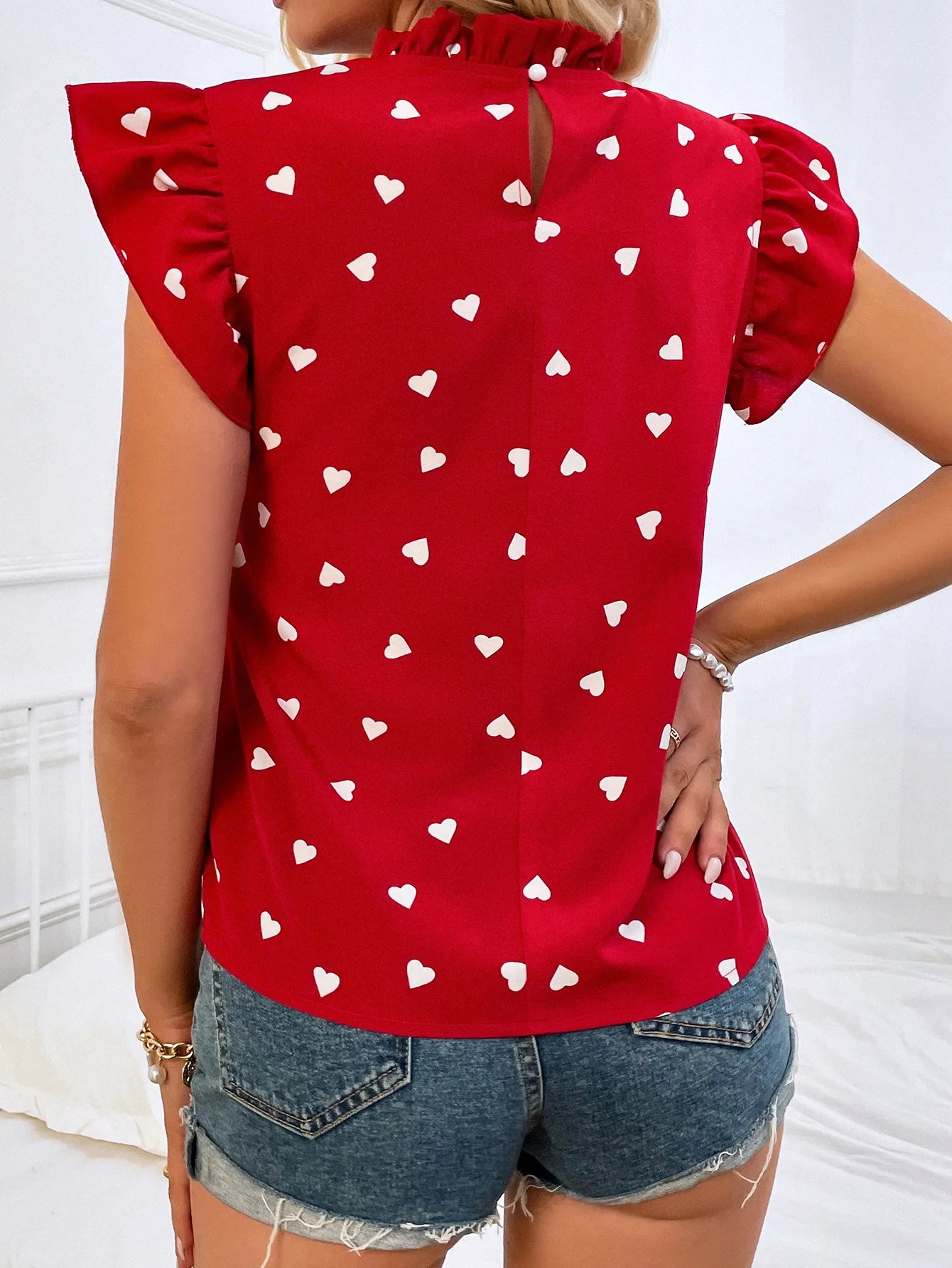 Fashion Chiffon Print Women's Shirt Ruffle Short Sleeve