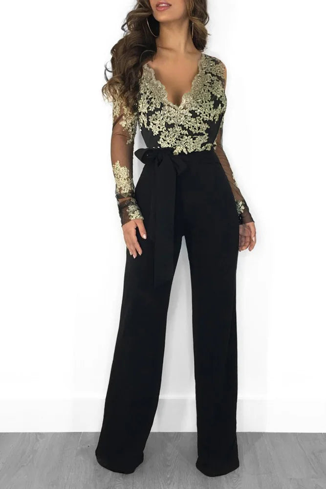 Sophisticated Lace Wide Leg Women Overalls Jumpsuit Romper V-neck
