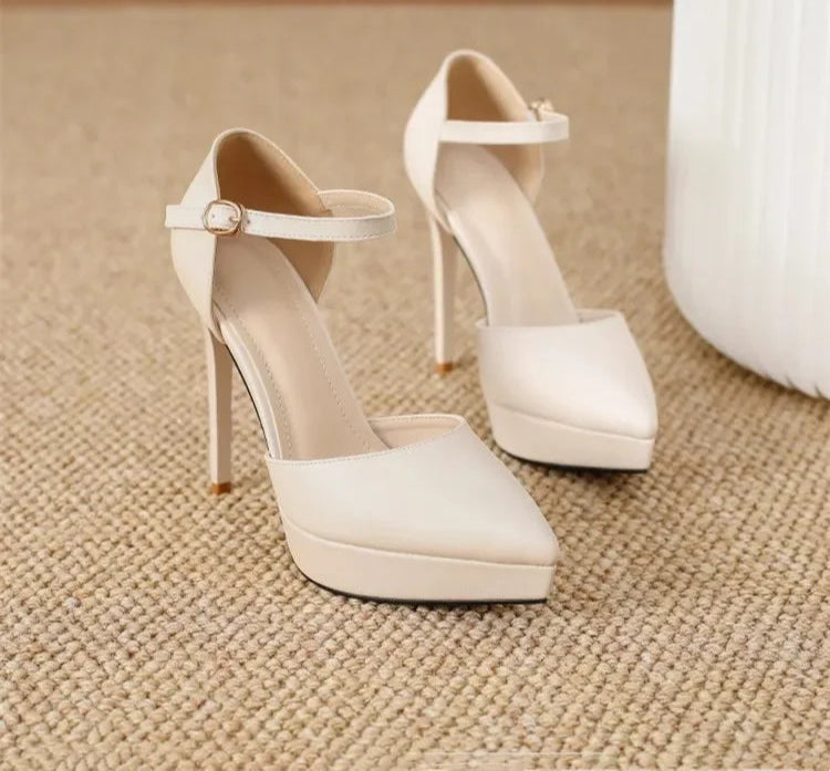 Ankle Straps Women's Sandals 12Cm Pointed Toe Platform Pumps Matte Leather Heels Size 33 42