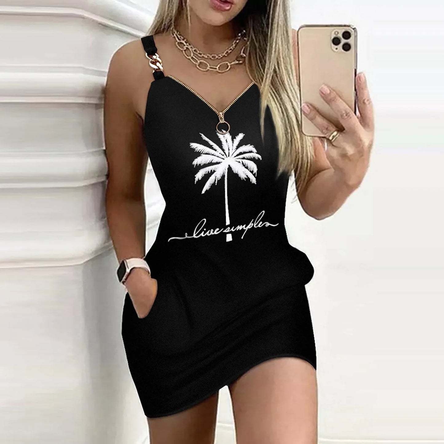 Women Casual Print Slim Dress Round Neck Strap Sleeveless