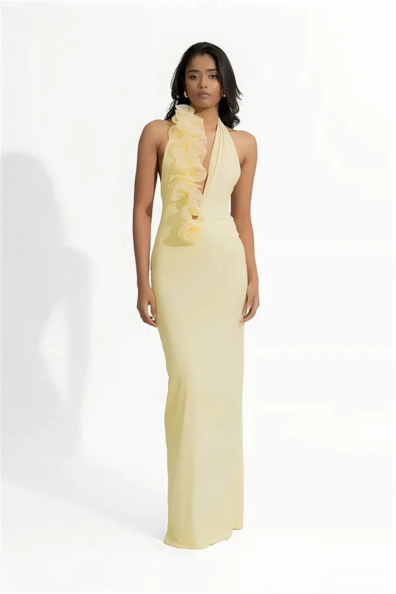 Mesh Rose Deep V Neck Sexy Maxi Dress For Women