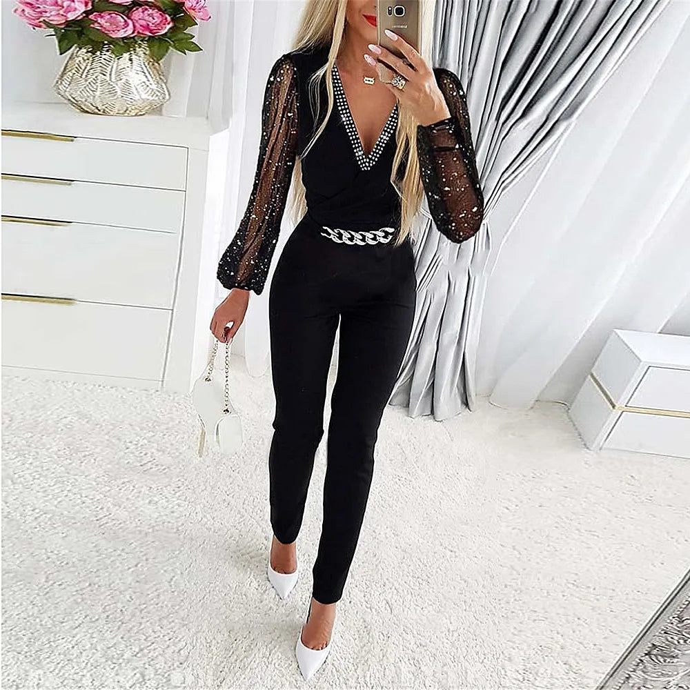 One Piece Slim Fit Jumpsuit with V Neck Full Sleeve