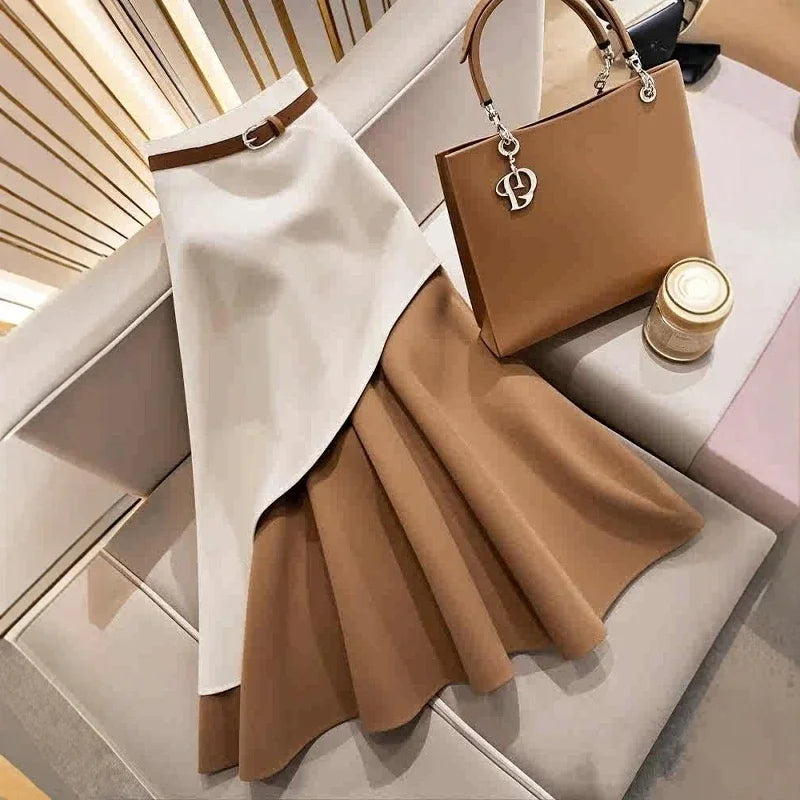 Women's Casual Brown White Patchwork Elegant Skirt Autumn/Winter High Waist Skirts