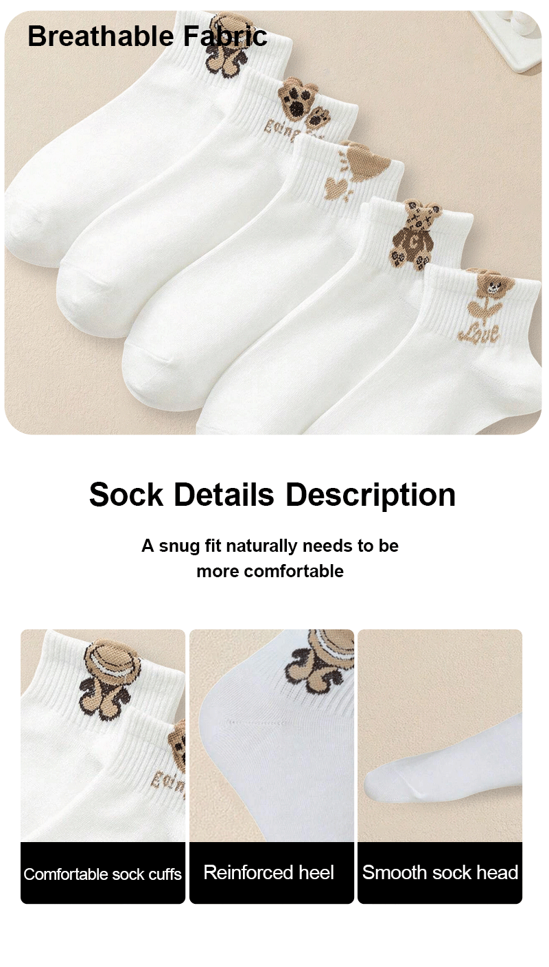 5/10/20 Pairs Women Cartoon Teddy Bear Ankle Socks