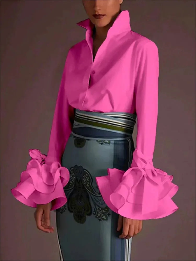 Women Fashion Lapel Long-sleeved Single-breasted Shirt