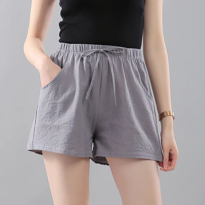 Women Summer Shorts Korean Wide Leg Casual Solid Drawstring Elastic Waist Cotton