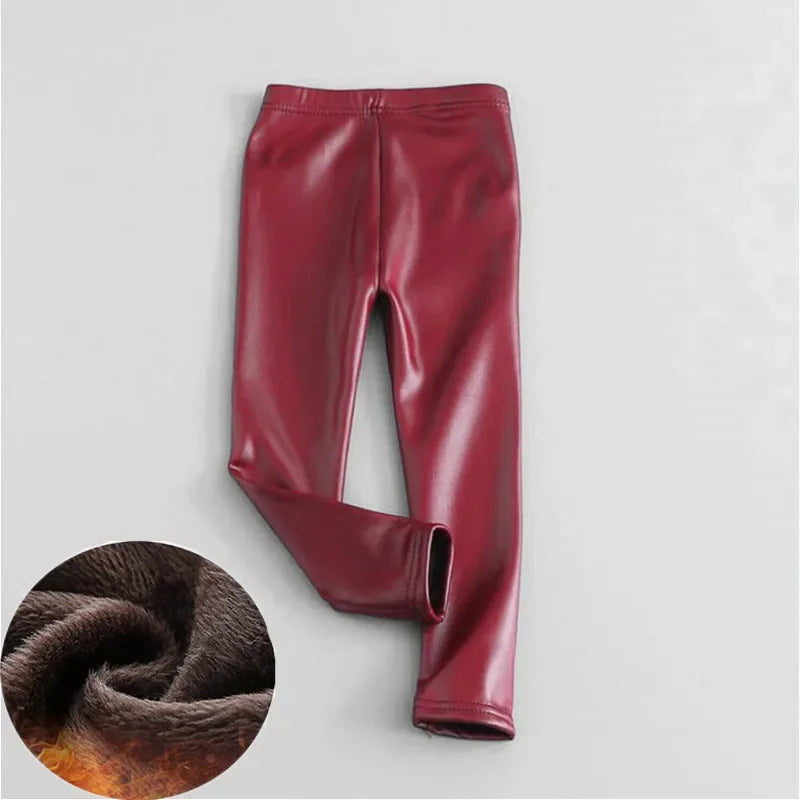 Girls Warm Trousers Faux PU Leather Legging Slim Pants