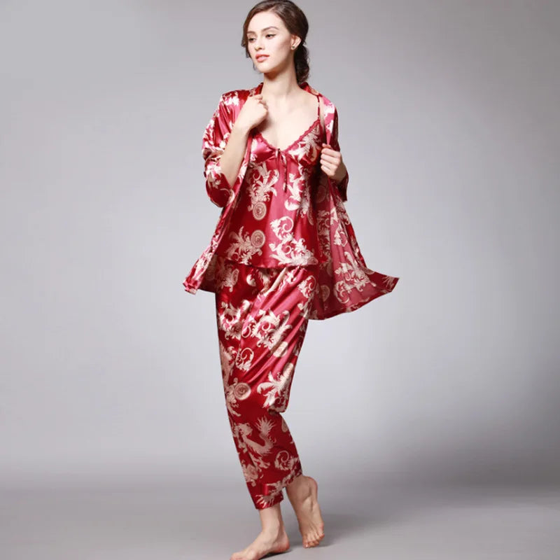 Women's Silk Satin Pajamas Set 3 Pcs Floral Silky Sets Sleepwear