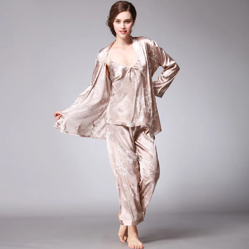 Women's Silk Satin Pajamas Set 3 Pcs Floral Silky Sets Sleepwear