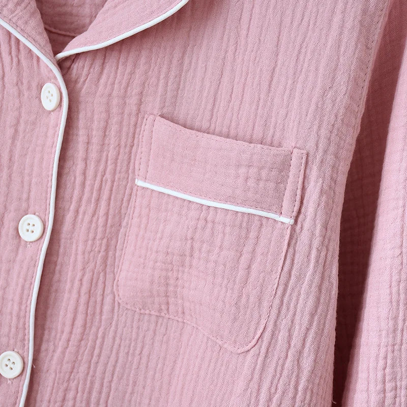 Spring and Autumn Couple Pajamas Set 100%Cotton Crepe Long Sleeve Pants Two Piece Men's and Women's Large Size