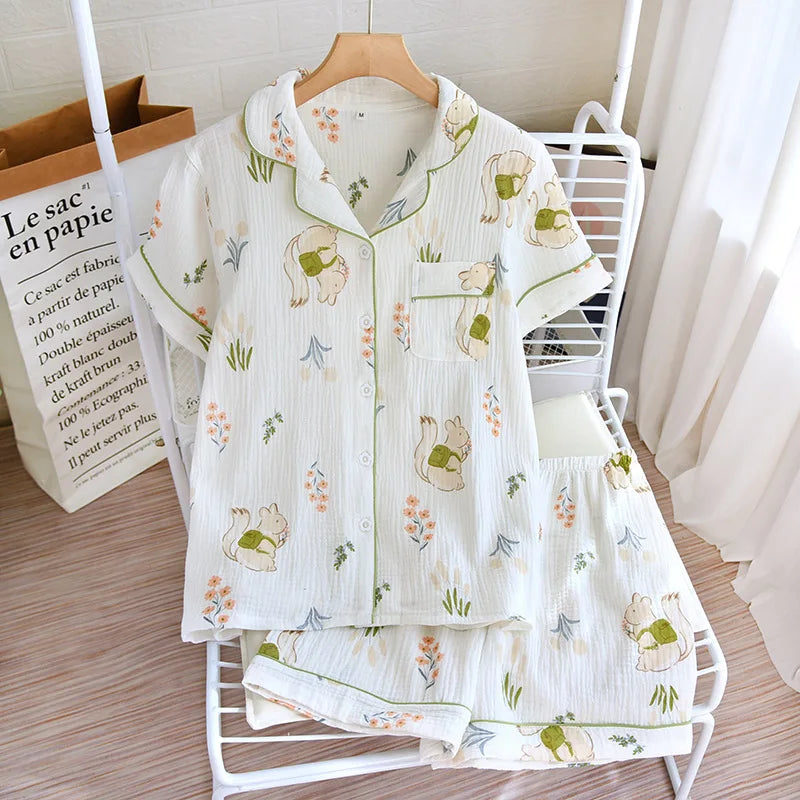 Summer pajamas short-sleeved shorts two-piece cotton crepe