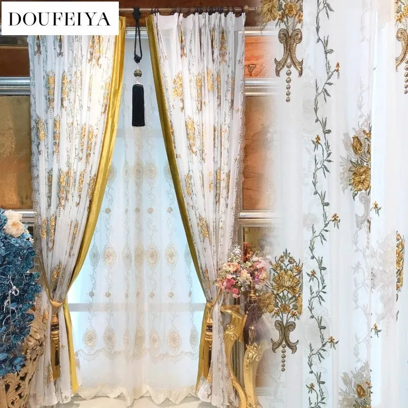 European Elegant Yellow Embroidery Tulle Curtains for Living Dining Room Bedroom - White Ladder Rope Translucidus