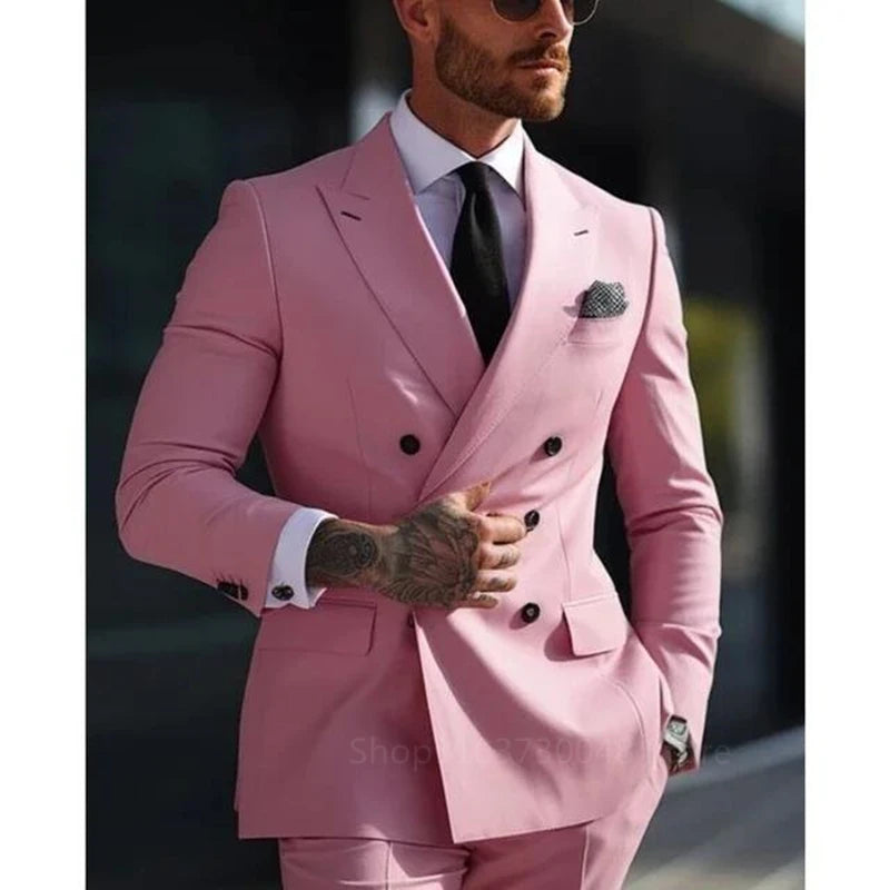 Solid 2 Pieces Men Suits Set Formal Business/Wedding Groom Suits Peak Lapel Double Breasted Blazer Trousers