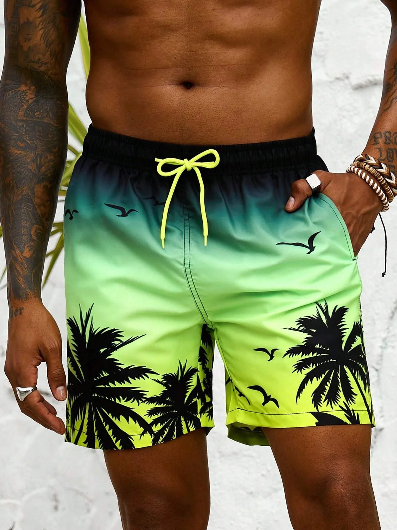 Men's Palm Tree 3D Printed Drawstring Swimming Breathable Shorts
