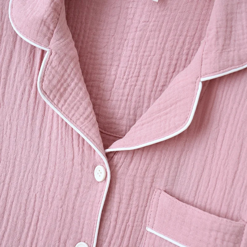 Spring and Autumn Couple Pajamas Set 100%Cotton Crepe Long Sleeve Pants Two Piece Men's and Women's Large Size