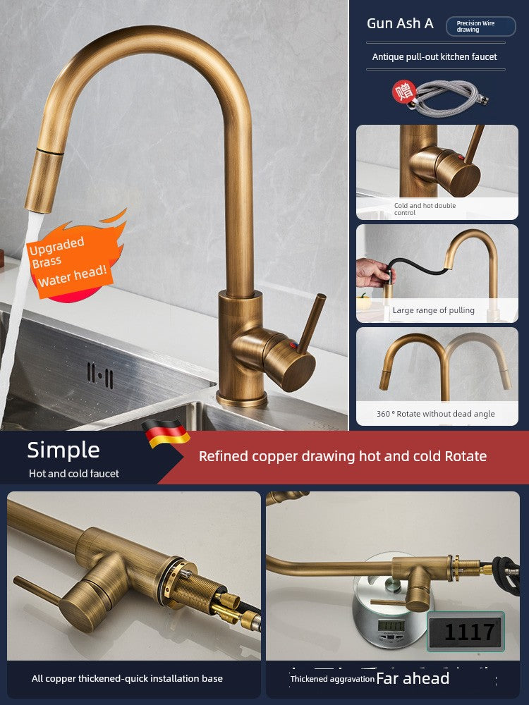 Retro Copper Antique Kitchen Faucet Hot and Cold Wash Basin Sink Pull-out Rotate