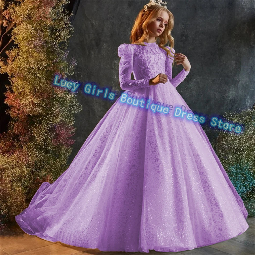 Luxury Sequins Flower Girl Dress For Wedding Party Baptism Birthday Gowns Tulle High Neck