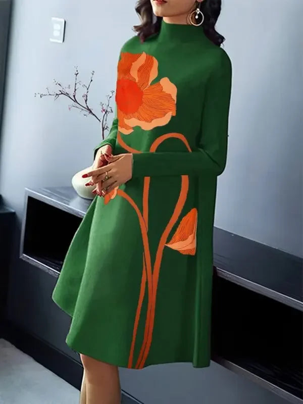 Vintage Elegant Floral Printed Green Midi Dress