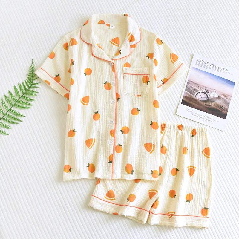 Summer women's cotton crepe three-piece short sleeve + shorts + trousers large size simple flower pajamas