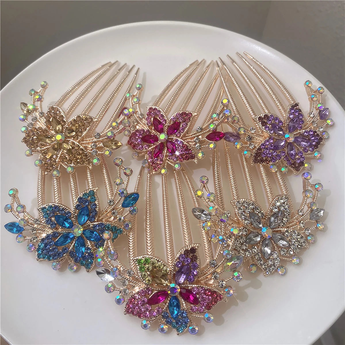 Multi-color Luxury Rhinestone Hairpin Flower Leaf Comb Women Wedding Elegant Hair Accessories