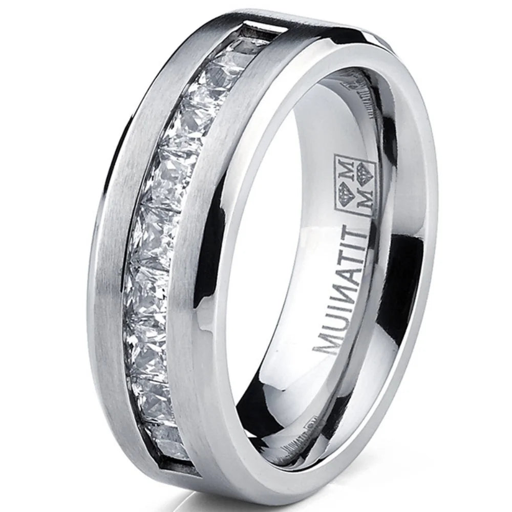 Silver Plated Stainless Steel Rings for Men Square Cubic Zircon