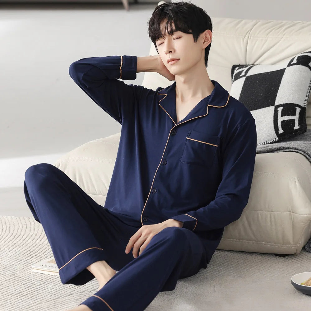 Autumn Men's Pajamas Sets Long Sleeve Modal Cotton Thin Teenage Boys' Large Size Spring Outwear Home Cloth Suit Sleepwear Male