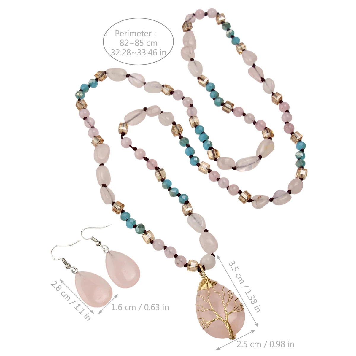 Bohemian-Style Twisted Wire Tree of Life Rose Quartz Necklace Pendant & Earrings