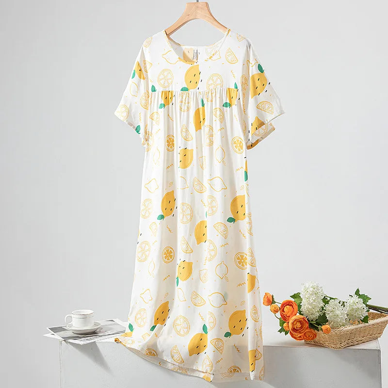 Summer Women Nightgown Short Sleeve Round Neck