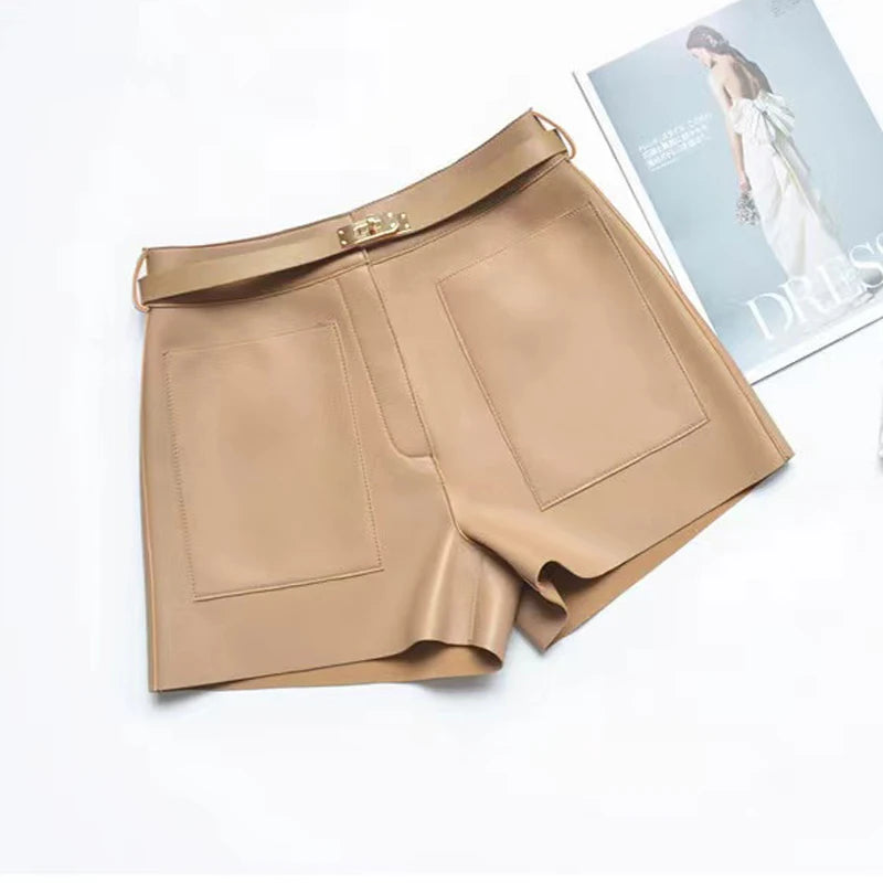Real Sheepskin Leather Women Shorts