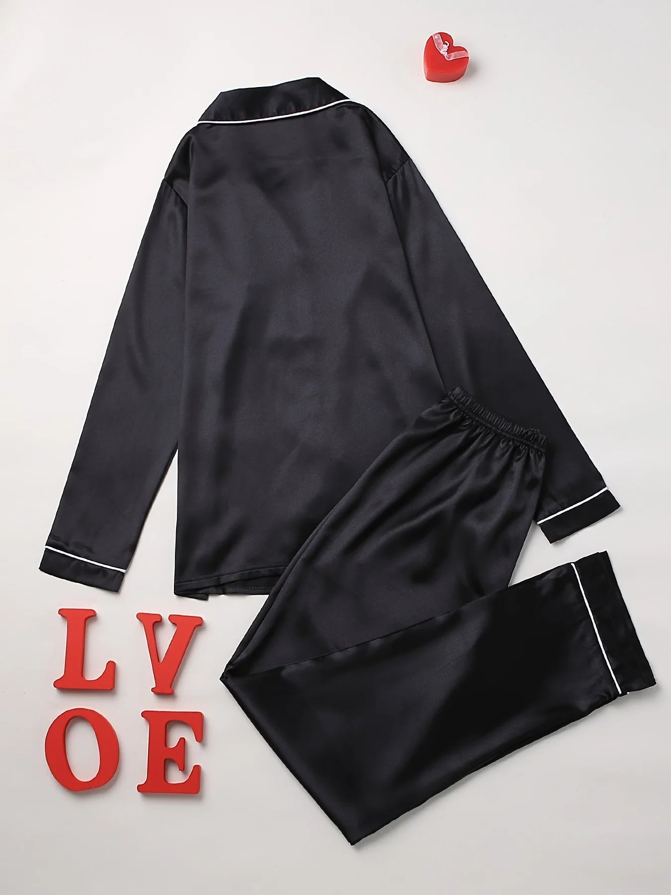 Women Solid Pajama Set Long Sleeve Button Up Lapel Top & Pants