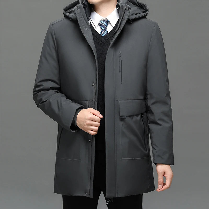 Men's Thick Winter Parka with Big Hood Warm Water/Windproof Casual Jacket White Duck down Filling Zip Closure Long Style