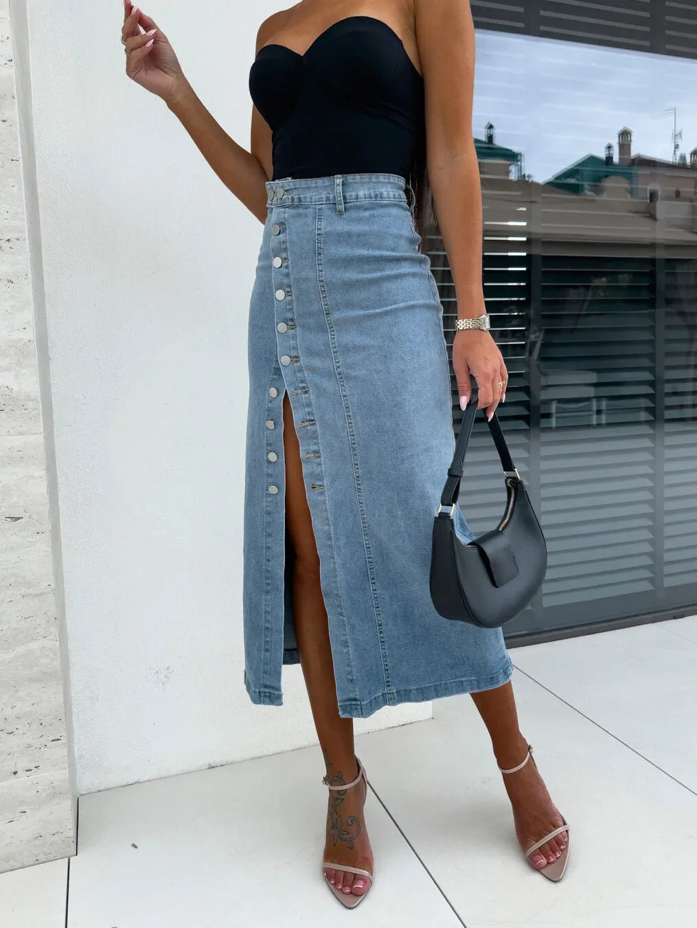 Women's Buttons Split Half-body Denim Skirt High Waist Slim Hip