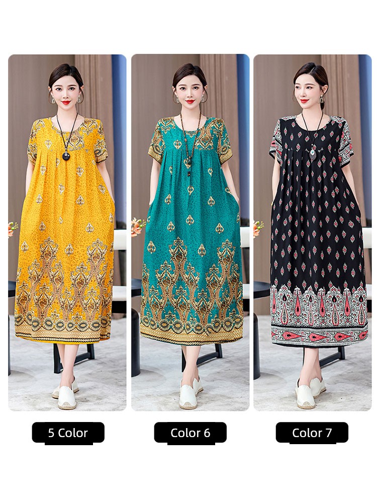 Noble over-the-Knee Middle-Aged Ladieswear Large Swing Noil Poplin Dress