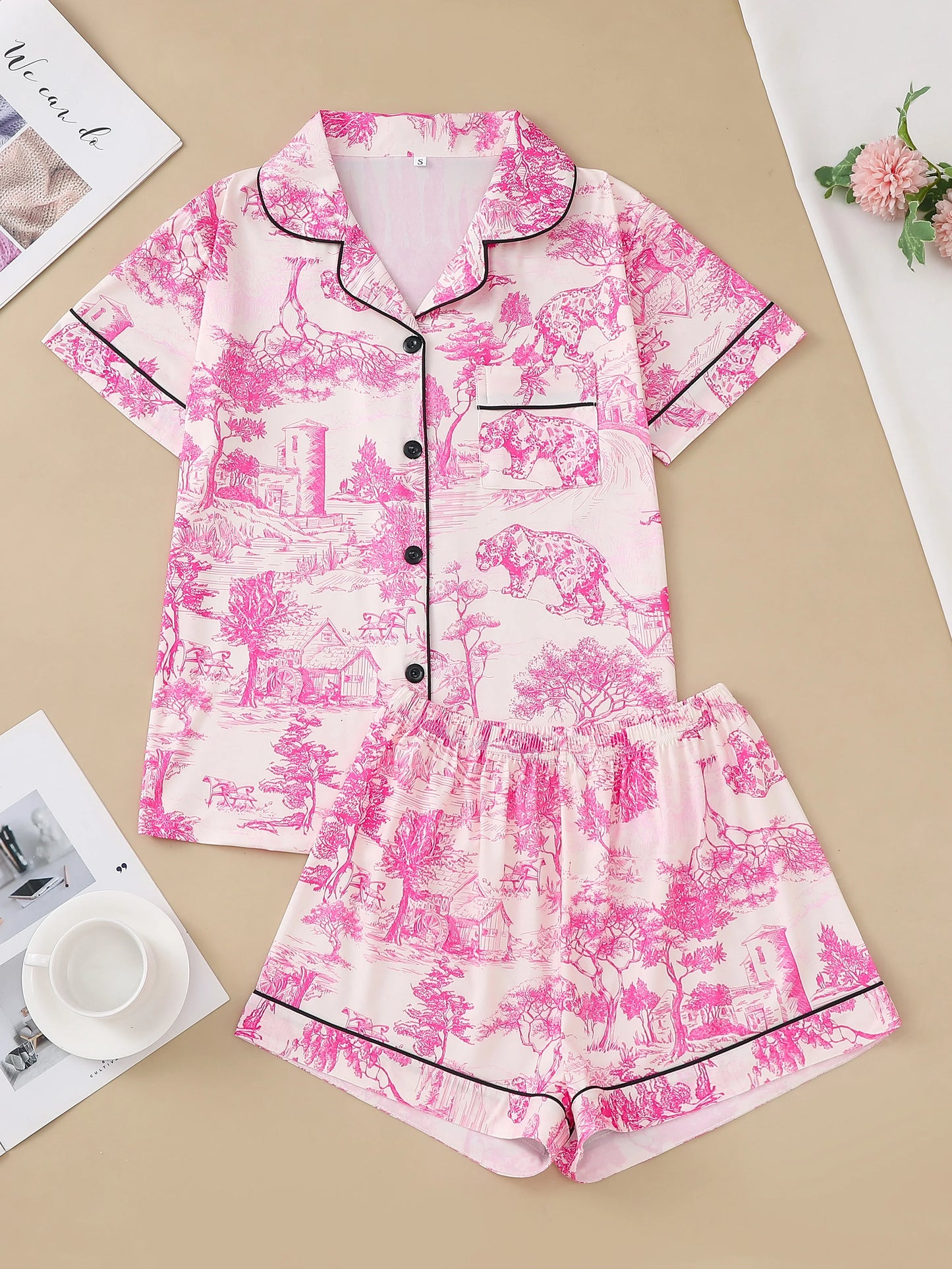 Natural animal print comfortable pajama set short-sleeved lapel top and elasticated waistband shorts loungewear